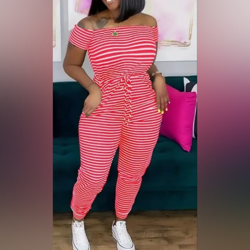 Striped Off Shoulder Jumpsuit - Picture 1 of 2